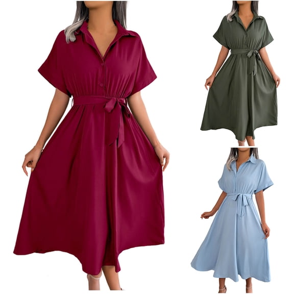 Antinious Ladies Summer Dress,Elegant Dresses for Women,Evening Dresses for Women Casual V-Neck Solid Short Sleeve Midi Dresses,Light Blue,L