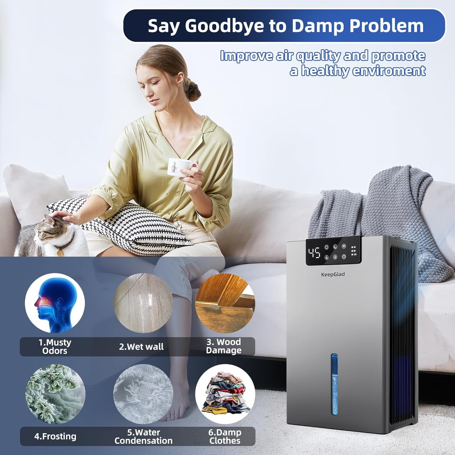 Dehumidifier, 98OZ Dehumidifiers for Home(1000sq.ft), Humidity Display Dehumidifier Basement Bathroom Bedroom, Auto Shut Off, Washable Filter, Drain Hose, Timer, 7 Ambient Lights, Gray
