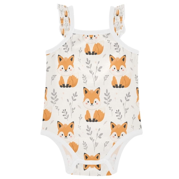 TTYFWHD Infant Toddler Baby Girl Romper Woodland Fox Floral Pattern Ruffle Sleeveless Cotton Summer One Piece Bodysuit 3-24M