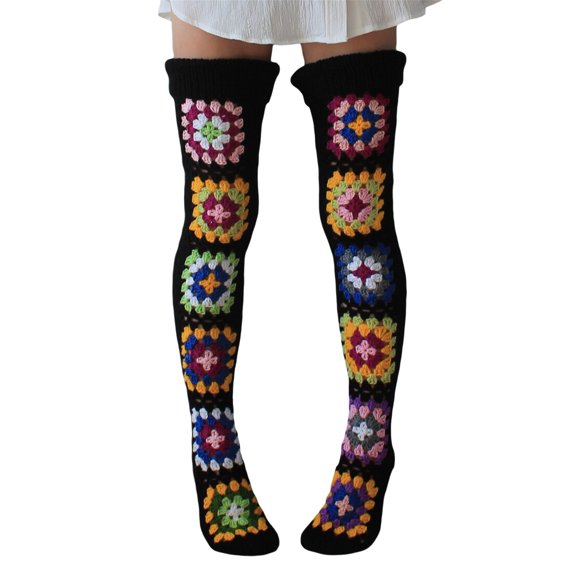 Douhoow Women Over Knee Socks Crochet Knitted Stockings Flower Leg Warmers Thigh High Boot Socks