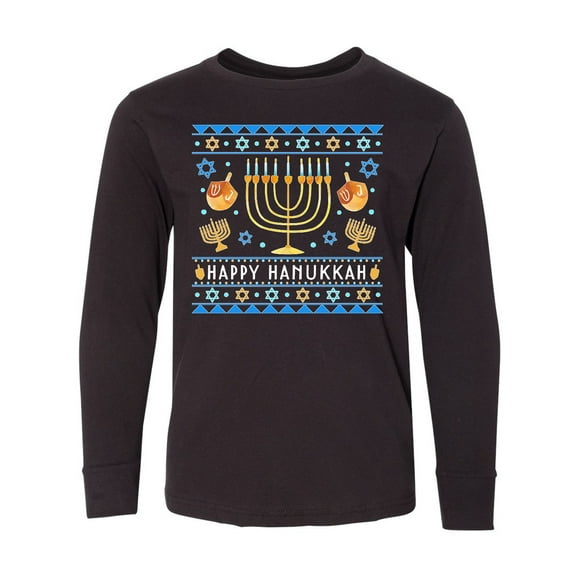Inktastic Happy Hanukkah Sweater Style Design with Menorah and Dreidel Long Sleeve Youth T-Shirt