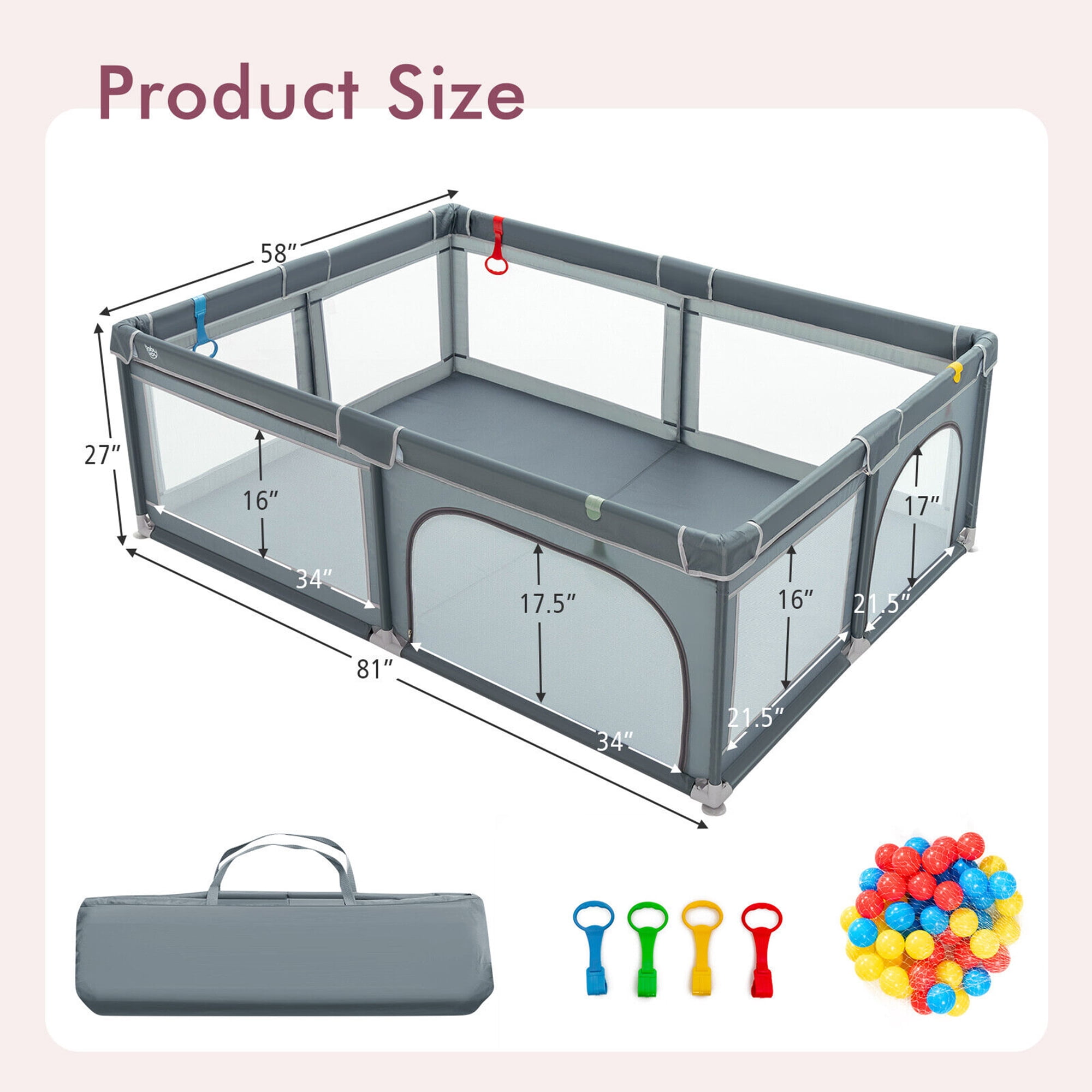 Gymax Baby Playpen Extra-Large Safety Baby Fence w/ Ocean Balls & Rings Dark Grey