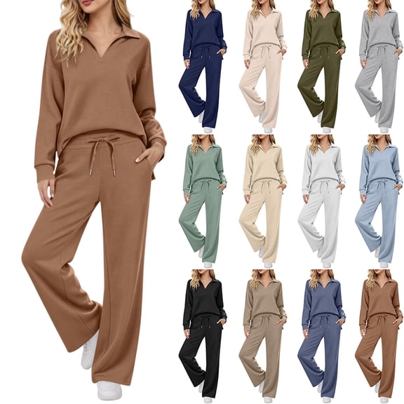 Womens 2 Piece Lounge Sets Daily Work Wear Fashion Solid-Color Long Sleeve Turndown Collar Top Elastic Waist Pants Sets