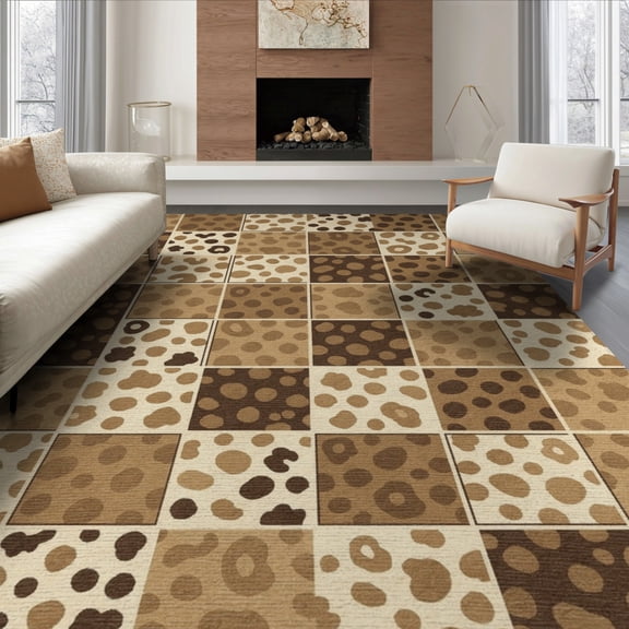 ODIKA 8'x10' Washable Area Rug Print Spotted Mosaic Tonal Patchwork Blocks Brindle Bold Cow Flowing Dynamic for King Size Bedroom Under Bed, Master Suite, Non-Shedding, Easy Care