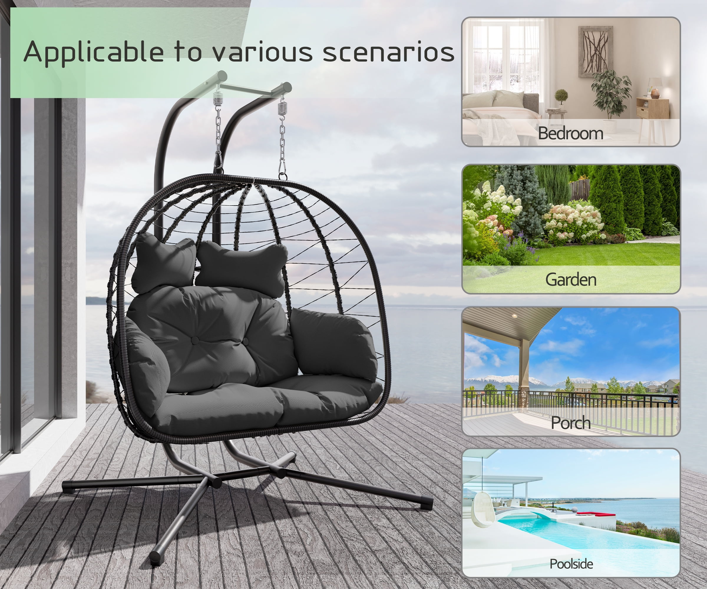 LHBcraft Double Wicker Swing Egg Chair Hammock Foldable Hanging Loveseat with Stand, UV Resistant Removable Cushions, 700LBS Capacity for Bedroom, Balcony (Black and Grey)