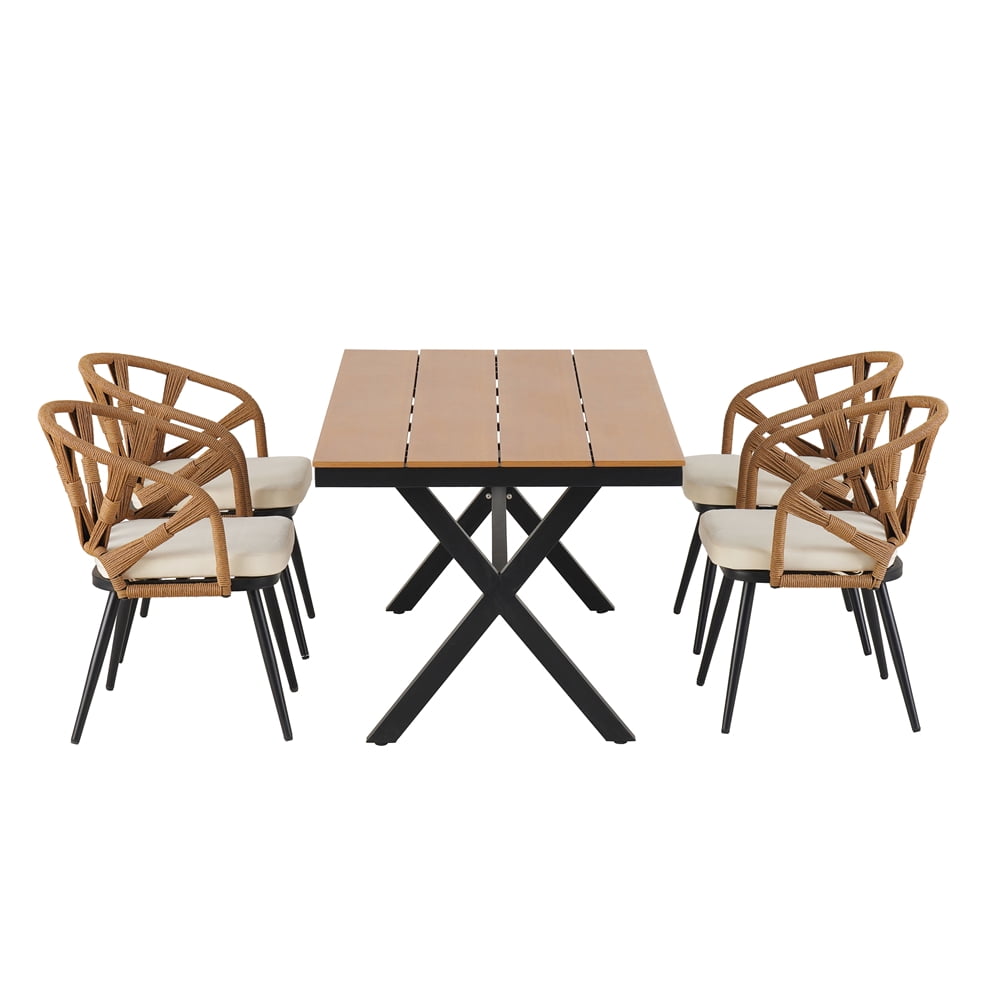 5 Pieces Outdoor Patio Dining Set, Outdoor Contemporary Acacia Wood Table and Chairs Set for Garden & Poolside, Yellow
