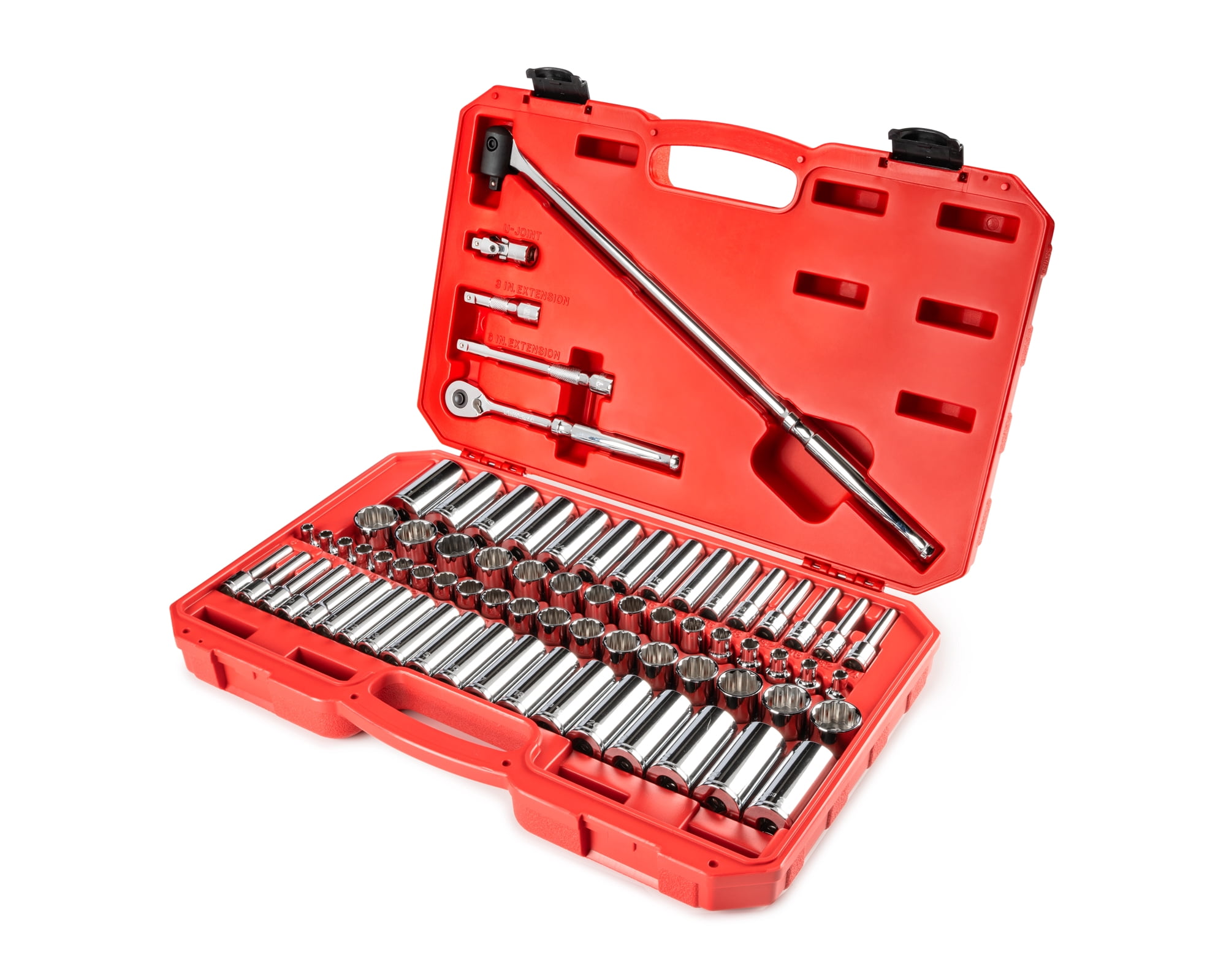 TEKTON 3/8 Inch Drive Shallow and Deep 12-Point Socket and Ratchet Set with Case, 73-Piece (1/4 - 1 in., 6 - 24 mm) | SKT15312