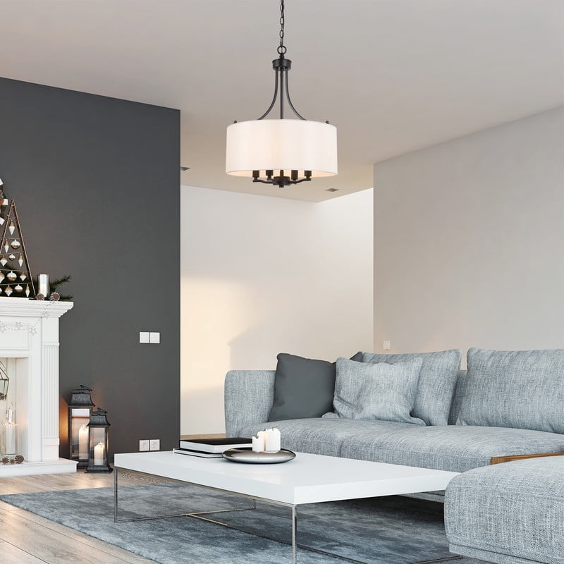 LNC 16-in Black Drum Pendant Light with Linen Shade, Adjustable for Dining & Entryway