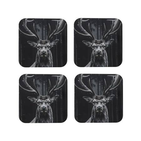 

KLL Drink Coasters Set Square of 4 PU Leather Absorbent Coasters Set Decorative Coffee Cup Coasters Housewarming Gift for Home Decor-Majestic Forest Stag