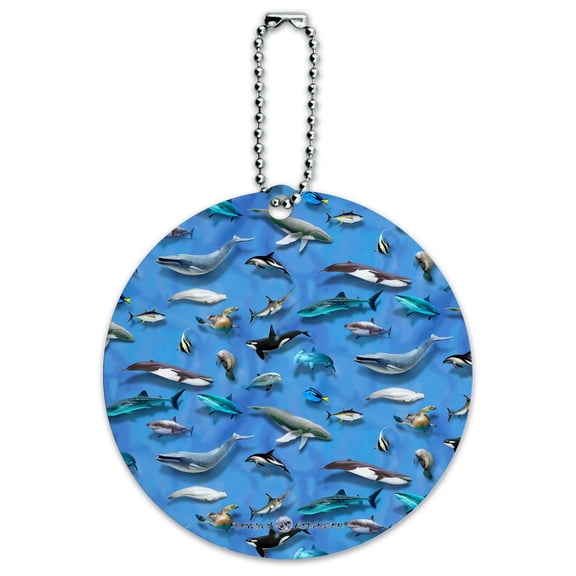 Ocean Life Whale Dolphin Manatee Shark Pattern Round Luggage ID Tag Card Suitcase Carry-On