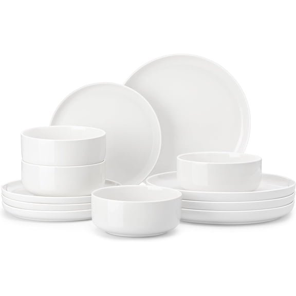 Plates and Bowls Sets, 12 count Porcelain Dinnerware Sets Dishware Sets Chip Resistant Ceramic Dish Set Dining Dinner Ware Service for 4, White, Series LUNA