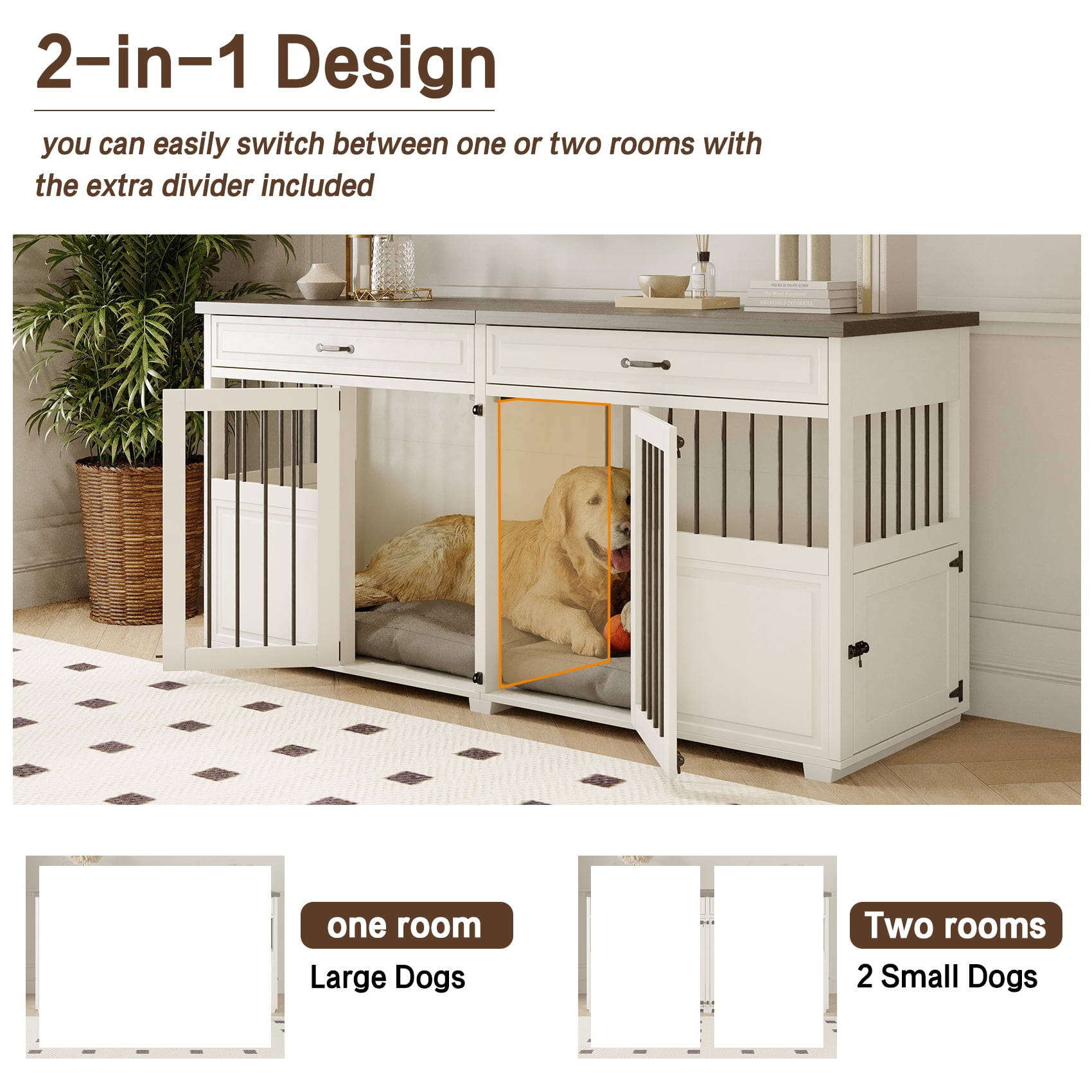 Faceket Lockable 4-Door 72.1" Wooden Furniture Style Crate for Dogs with Divider and 2 Drawers