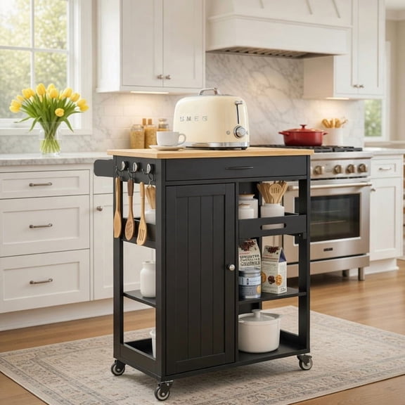 Mobile Kitchen Island Cart on Wheels, Solid Wood Top Rolling Utility Cart with Drawer, Adjustable Shelf, Towel Bar and Hooks, Black