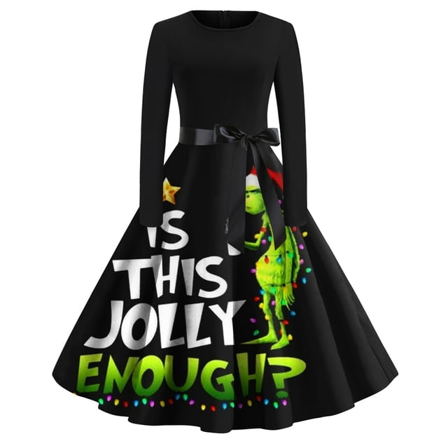 Corashan Chandail de Noël Laid Abordable Robe Évasée Imprimée de Noël pour Femmes Robe à Manches Longues Robe de Fête Décontractée Noire, 2TG