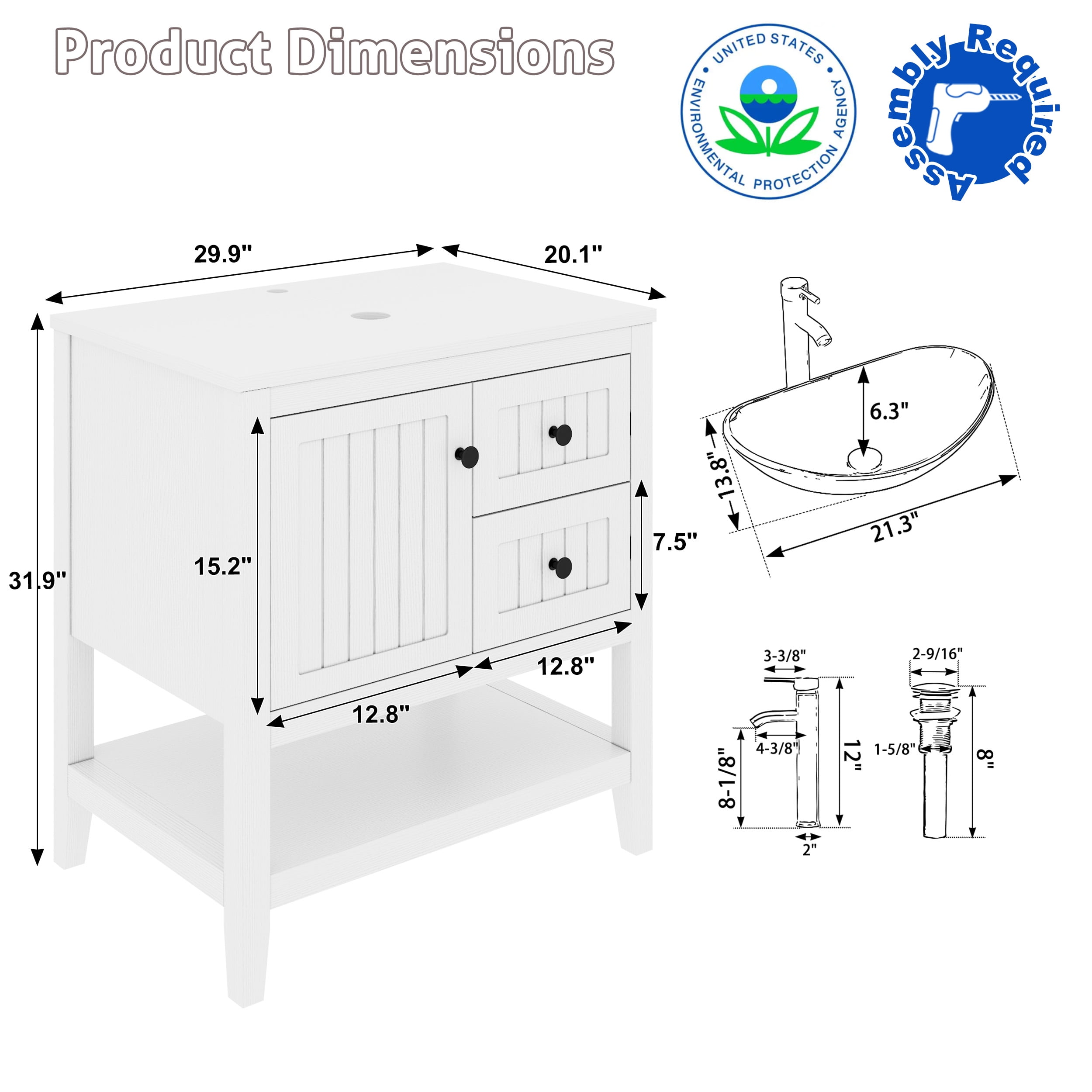 Eclife 30" Freestanding Bathroom Vanity Set with Vessel Sink, Faucet and Drain