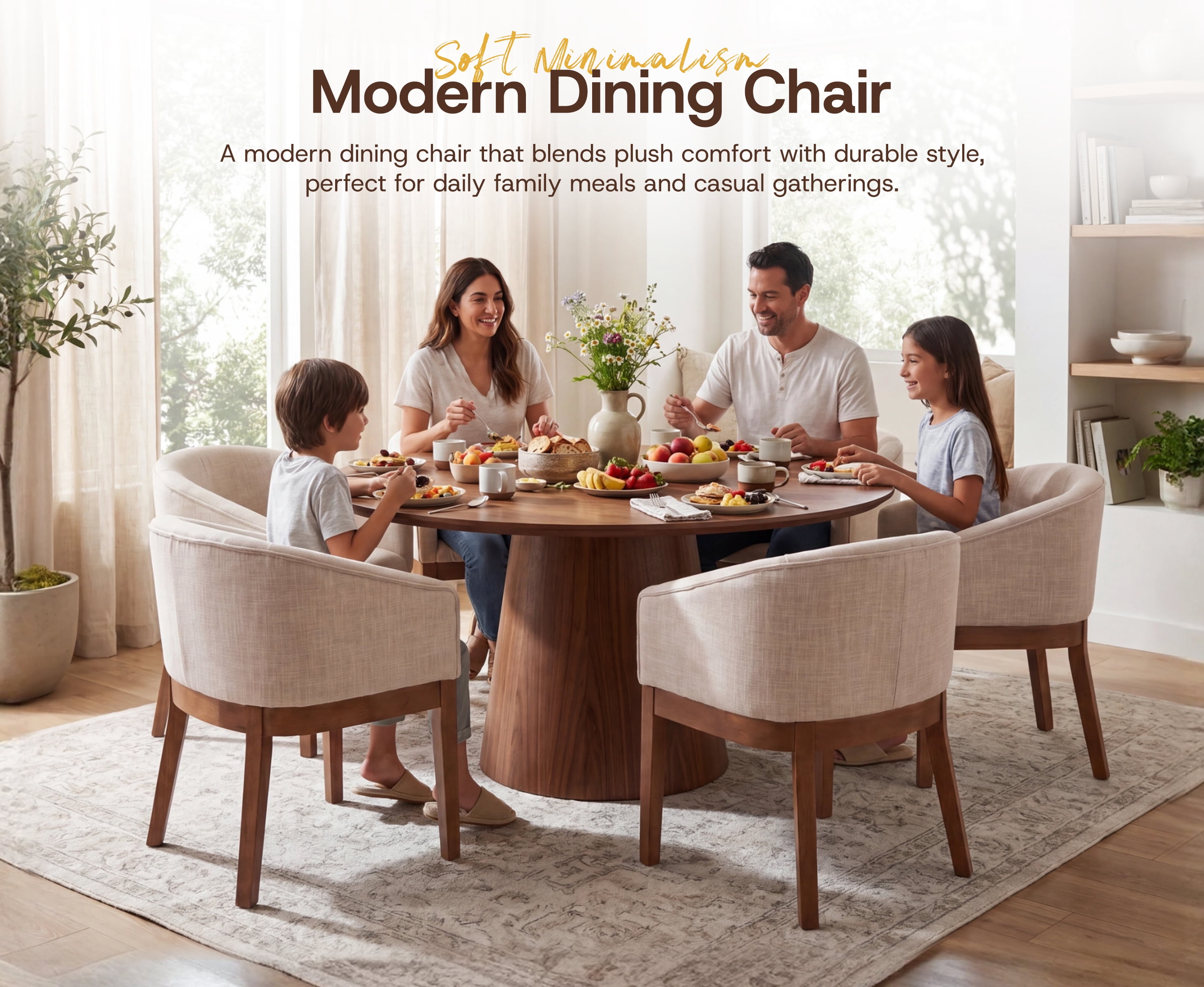 Guyou Modern Upholstered Dining Chairs Set of 2, Farmhouse Linen Kitchen & Dining Room Chairs with Armrests, 18" W Wooden Barrel Accent Chair Armchair for Dining Room Living Room Bedroom, Beige