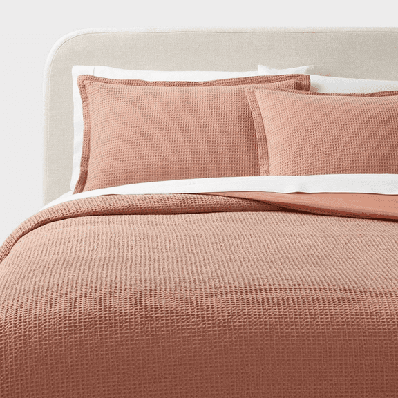 Full/Queen Washed Waffle Weave Duvet Cover & Sham Set, 3-Piece Cotton Bedding Set, 152 Thread Count, Button Closure, Light Pink