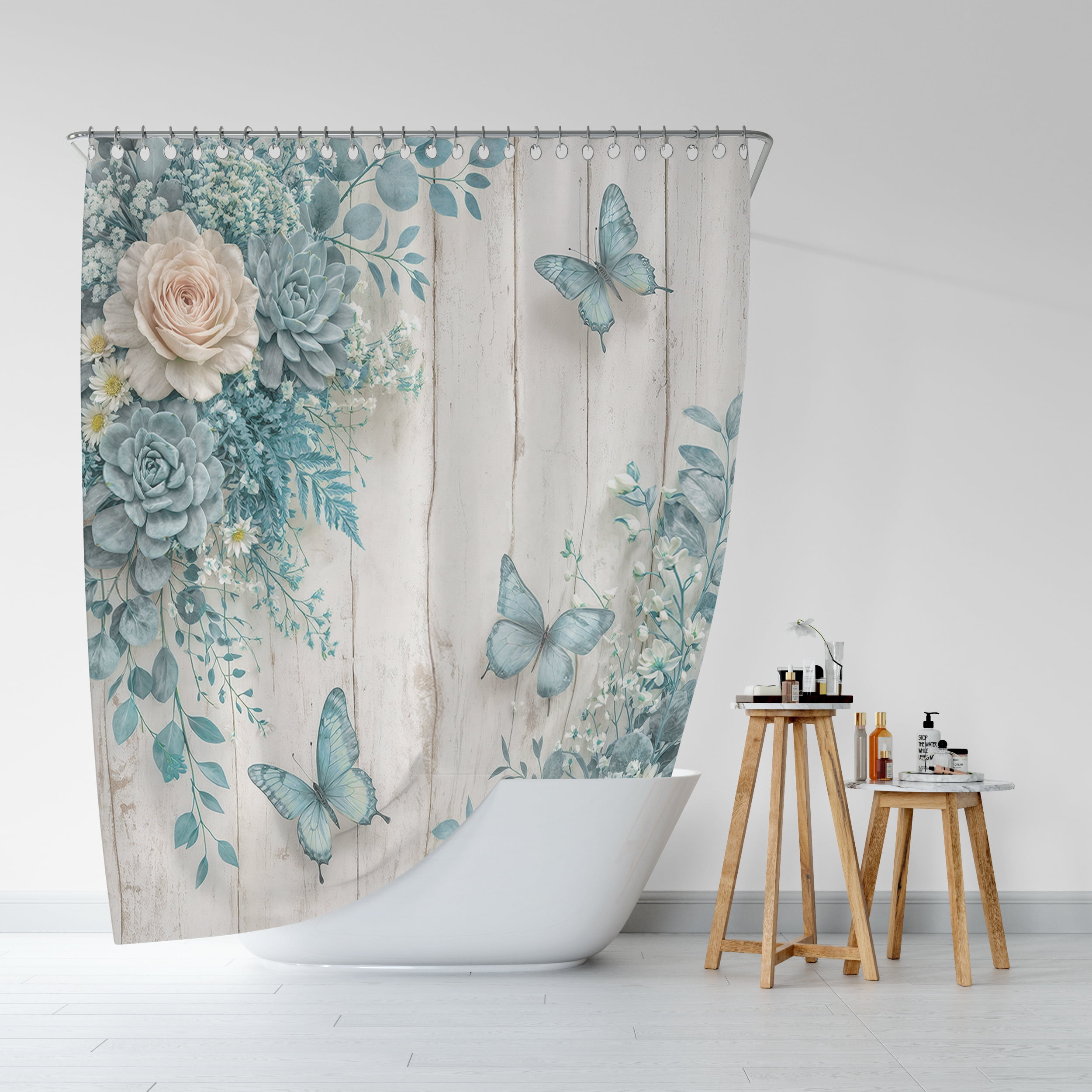 Blue Floral Shower Curtain - Farmhouse Rustic Rose Butterfly Bathroom Curtain Boho Botanical Waterproof Fabric Set with 12 Hooks,70X85in