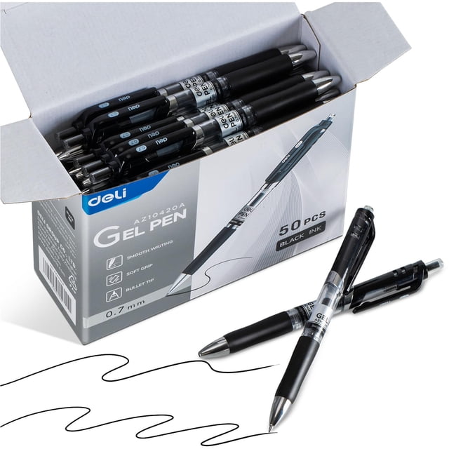 deli Gel Pens, 50 Pcs Retractable Pens Black Ink, Medium Point Pen 0.7mm, Smooth Writing, Fast Dry, No Bleed for Journaling Note Taking, Home School
