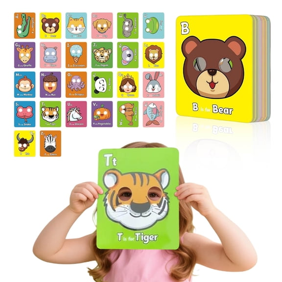 26 PCS Alphabet ABC Flash Cards with Animal Masks, Colorful Alphabet Mask Cards, Interactive Education Games, Learn Letters, English Phrases for Parties