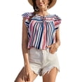 thumbnail image 1 of Camiseta de verano azul oscuro con cuello redondo y lazo, talla M, camiseta con mangas con volantes y rayas verticales, 1 of 6