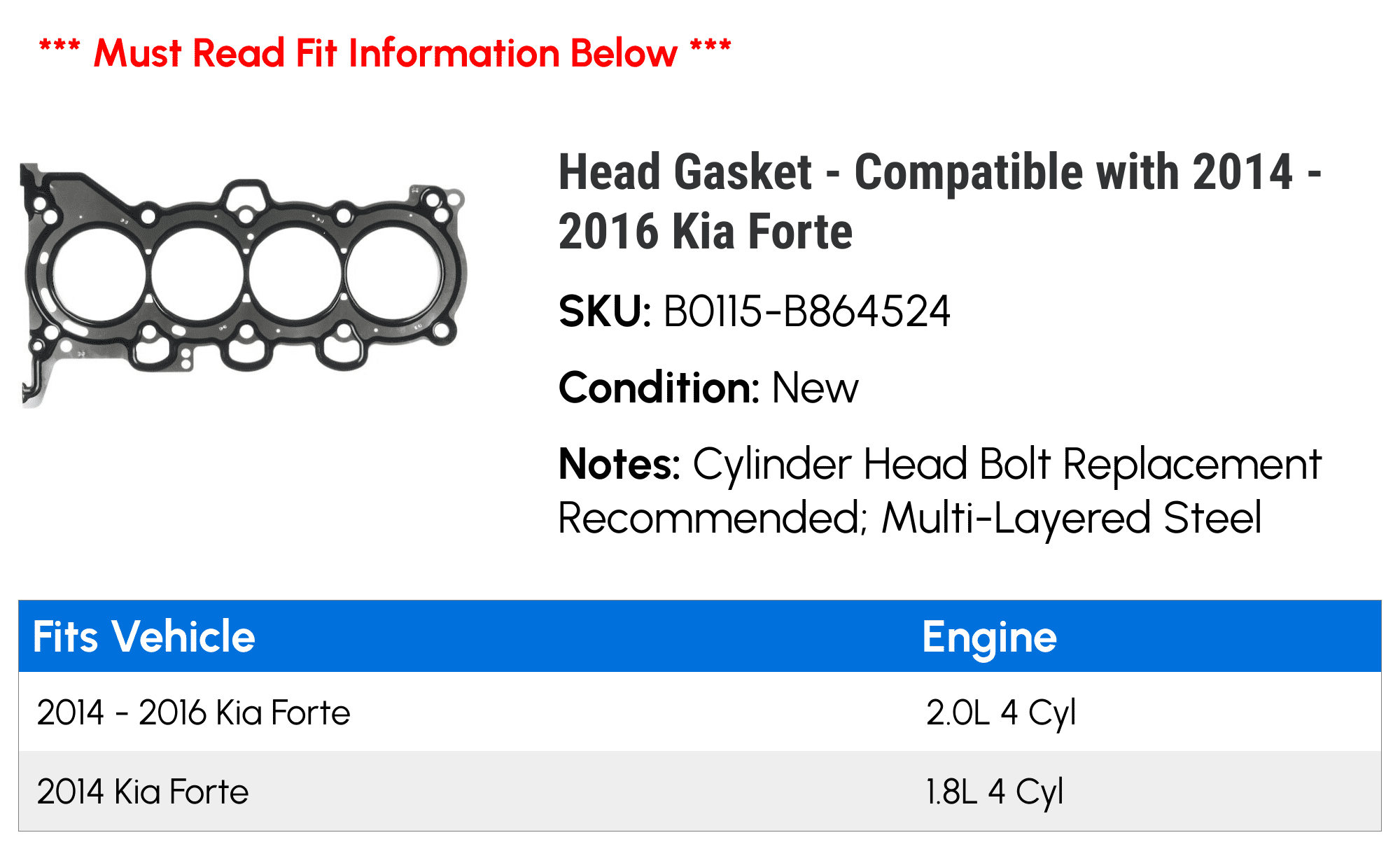 Head Gasket - Compatible with 2014 - 2016 Kia Forte 2015