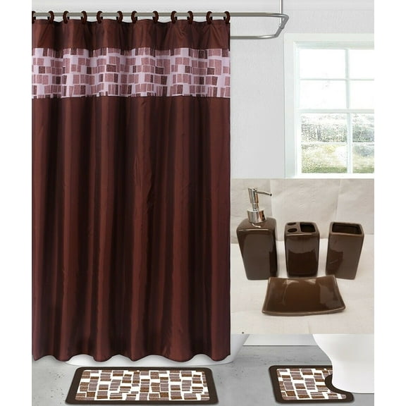 19 piece bathroom set print design mosaic black with rubber backing anti slip 2 bath rug -mat with 1 shower curtain poleyster with 12 rings covered and 4 pc ceramic accessories