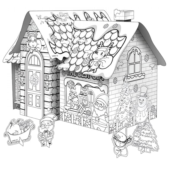CYFW Diy Christmas Playhouse Foldable Kids Coloring House Fortress Family Activities Craft Art Project Cardboard Coloring House for Kids 16X11 Inch