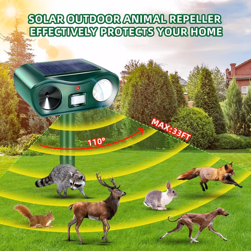 Paddsun Solar Ultrasonic Animal Repellent, Motion Activated Deterrent with LED Flashing Light for Cat Squirrel Deer Raccoon Rabbit Yard Protector
