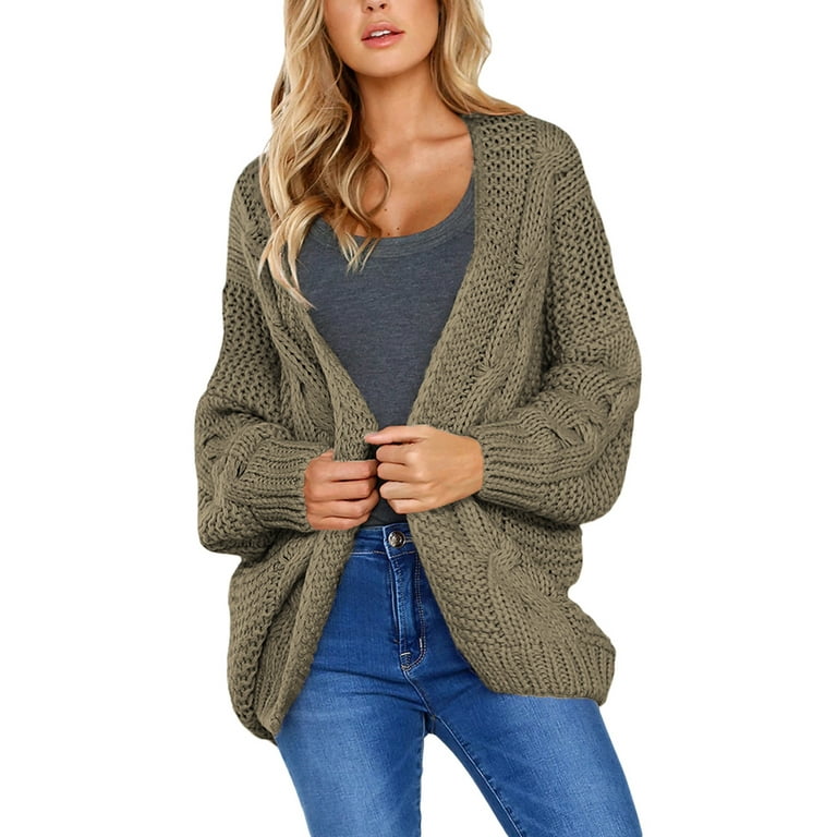 SHEWIN Womens Open Front Cardigans Sweater Plus Olive Green Chunky