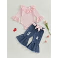 thumbnail image 3 of Loicainy Baby Toddler Girls 2 Piece Outfits 3 6 9 12 18 Months Ruffle Long Sleeves Romper and Ripped Denim Flare Pants Fall Clothes Set, 3 of 9