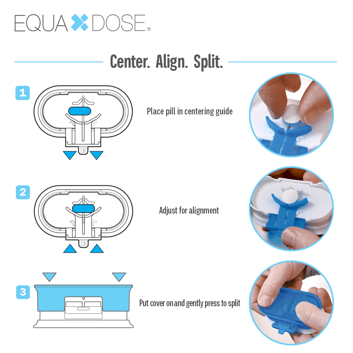 Equadose Precision Pill Splitter with Centering Guide, Dual Stainless-Steel Blades for Small & Large Tablets
