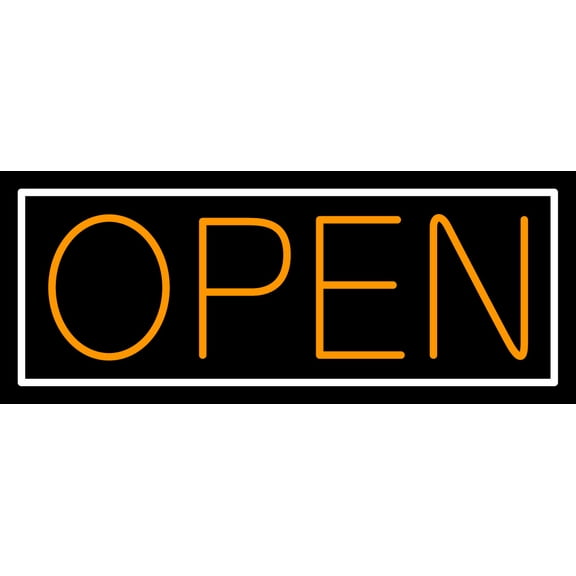 Orange Open With White Border LED Neon Sign 13 x 32 - inches, Clear Edge Cut Acrylic Backing, with Dimmer - Bright and Premium built indoor LED Neon Sign for storefront.