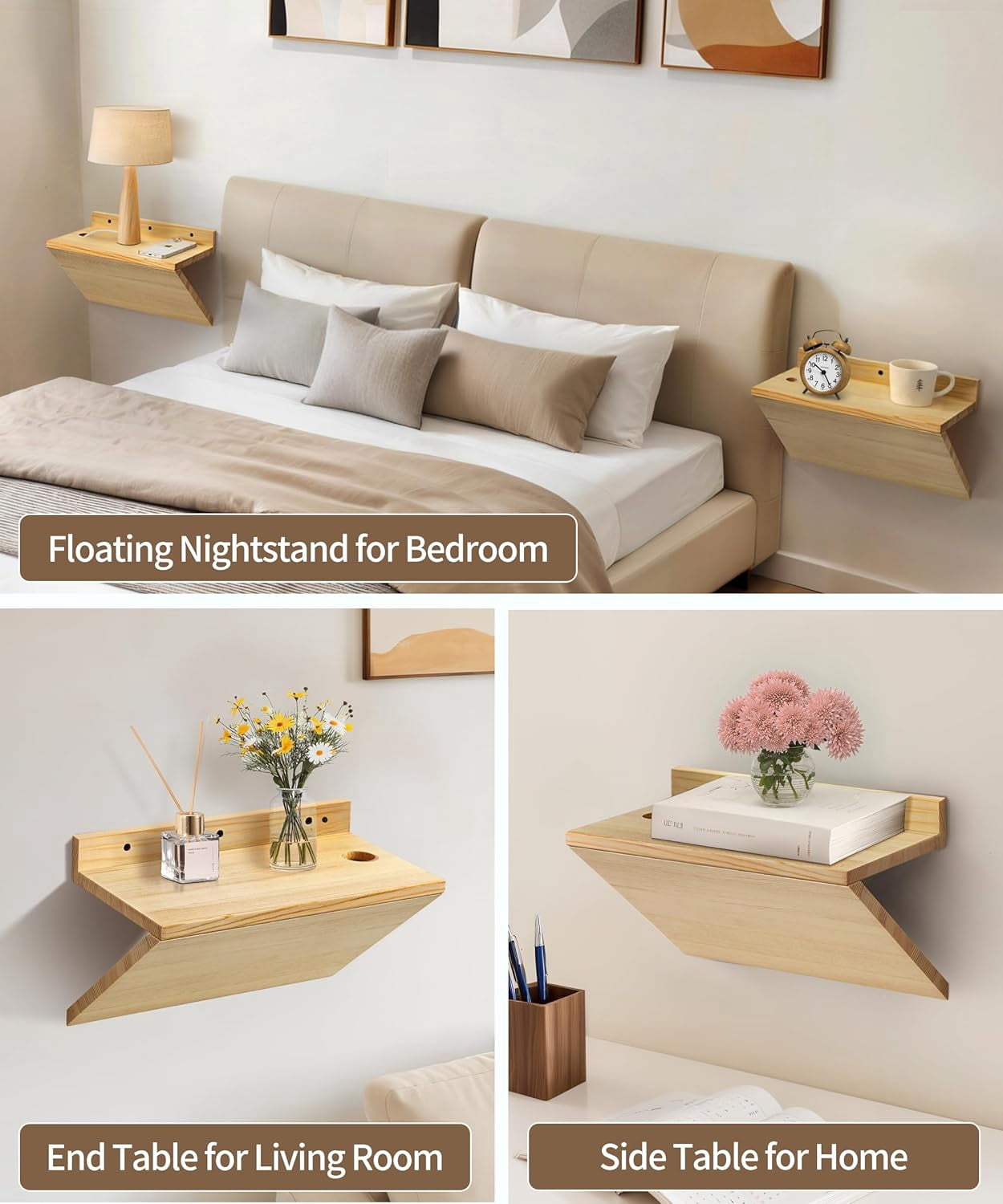 Gronda Floating Nightstand Set of 2, Solid Pine Wood Z-Shaped Wall Mounted Bedside Tables with Cable Hole, Modern Hanging Nightsatands for Bedroom