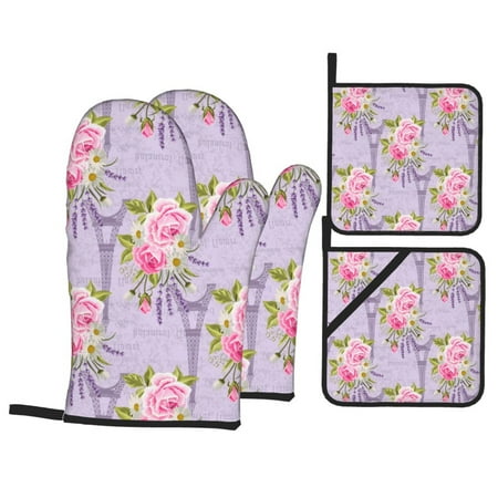 

Oven Mitts and Pot Holders 4 pcs Set rose Tower flower Heat Resistant Pot Holders Oven Mitts for kitchen Non-Slip Hanging Loop Oven Glove Potholders for Baking Cooking