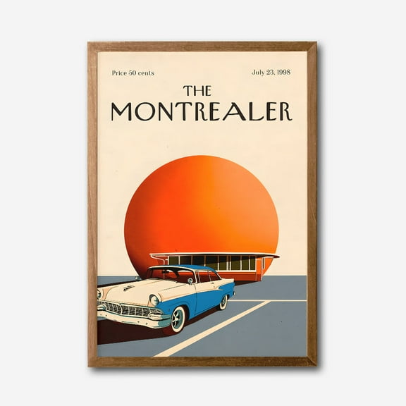 The Montrealer Retro Car Sunset Canvas Wall Art, Vintage Diner Print, Mid Century Modern Decor, Framed Artwork for Living Room or Office