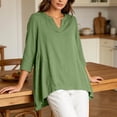 thumbnail image 6 of Qzwdhjm Womens 3/4 Sleeve Tops Stand V Neck Linen Top with Asymmetric Hem Side Pleated Loose Casual Shirts for Summer Going Out, 6 of 7