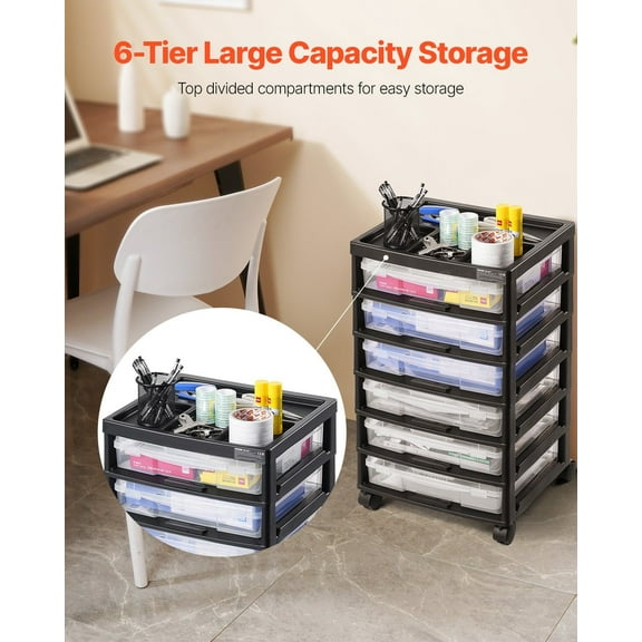 Scrapbook & Craft Rolling Storage Cart – 6-Tier Organizer with Clear Cases, Black, Mobile