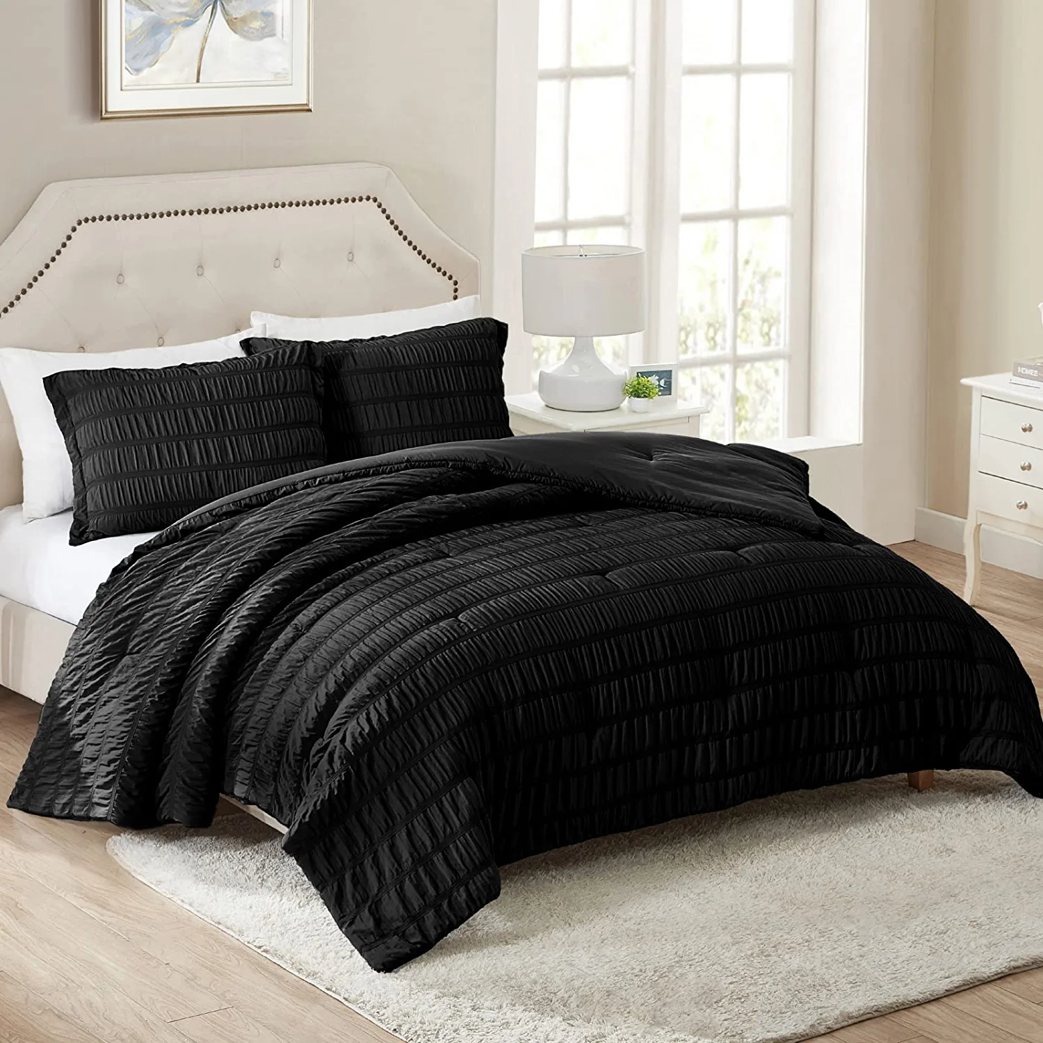 Walensee King Seersucker Comforter Set, 3 Pieces Bed Comforters, 104