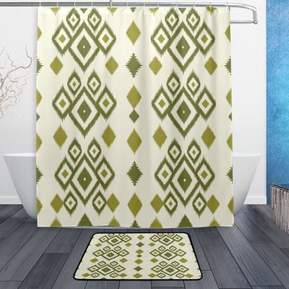 TTYFWHD 60" x 72" Shower Curtain and Bath Mat Set Green Geometric Ikat Pattern Waterproof Bathroom Curtain with 12 Hooks, Bathroom Decor Set
