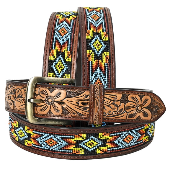 40 In Hilason Western Style Beautifully Hand Crafted In Genuine Leather Belt With Inlaid Bead Work