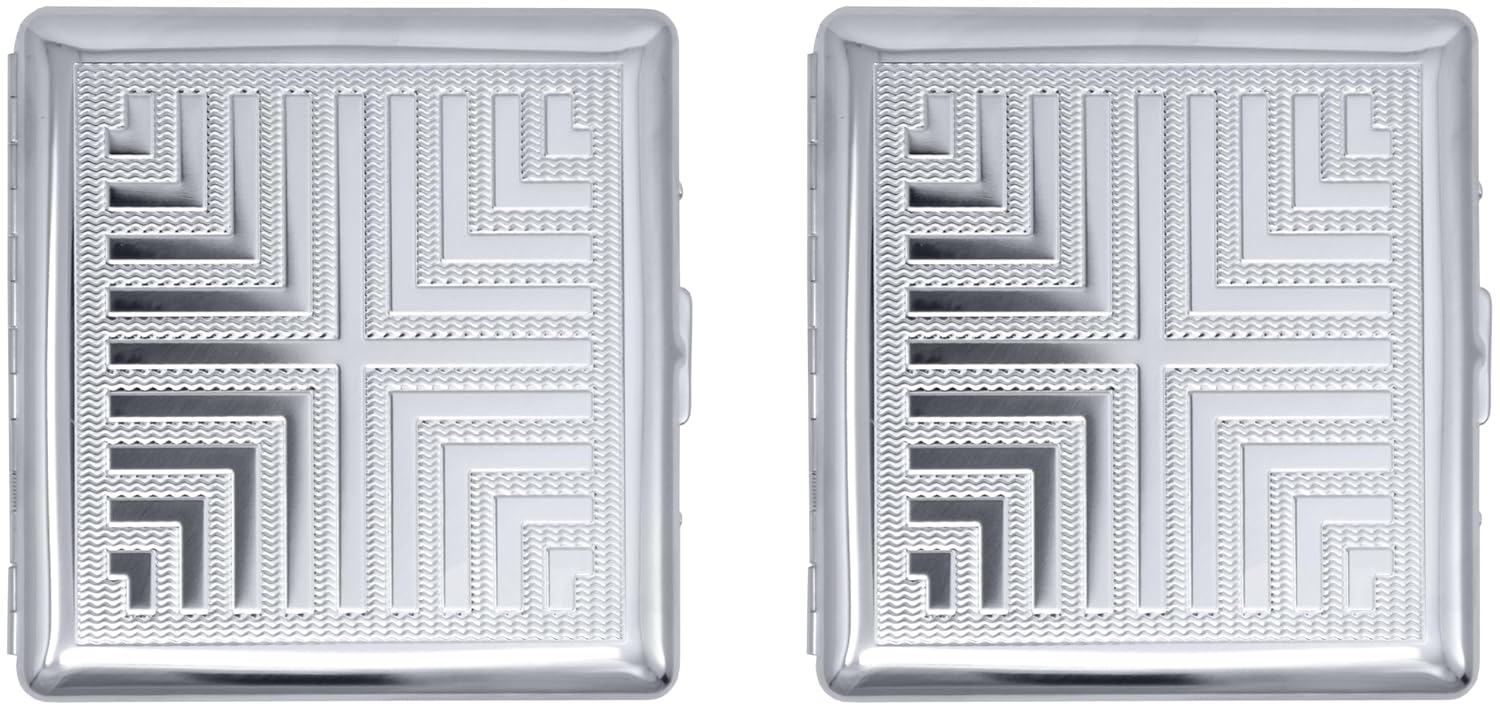 Set of 2 Compact Metal-Plated King Size Cigarette Case & Stash Box (Silver Cross Pattern)