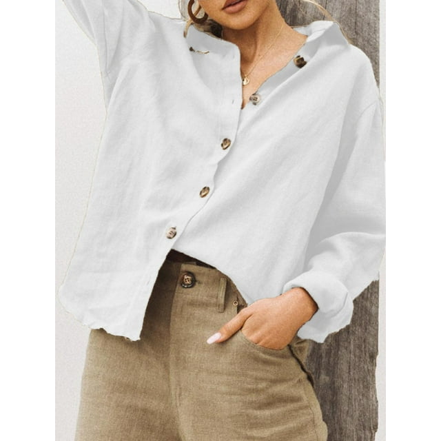 Chemise en Coton et Lin à Col Polo à Manches Longues pour Femme