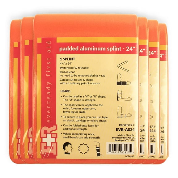 Ever Ready First Aid Padded Universal Aluminum Splint, 4.25” x 24”, Flat Folded, Waterproof - 6 Count