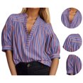 thumbnail image 2 of OBEEII Plus Size Shirt for Women Short Puff Sleeve Top V Neck Stripe Splicing Business Shirt Casual Blouse Top, 2 of 7