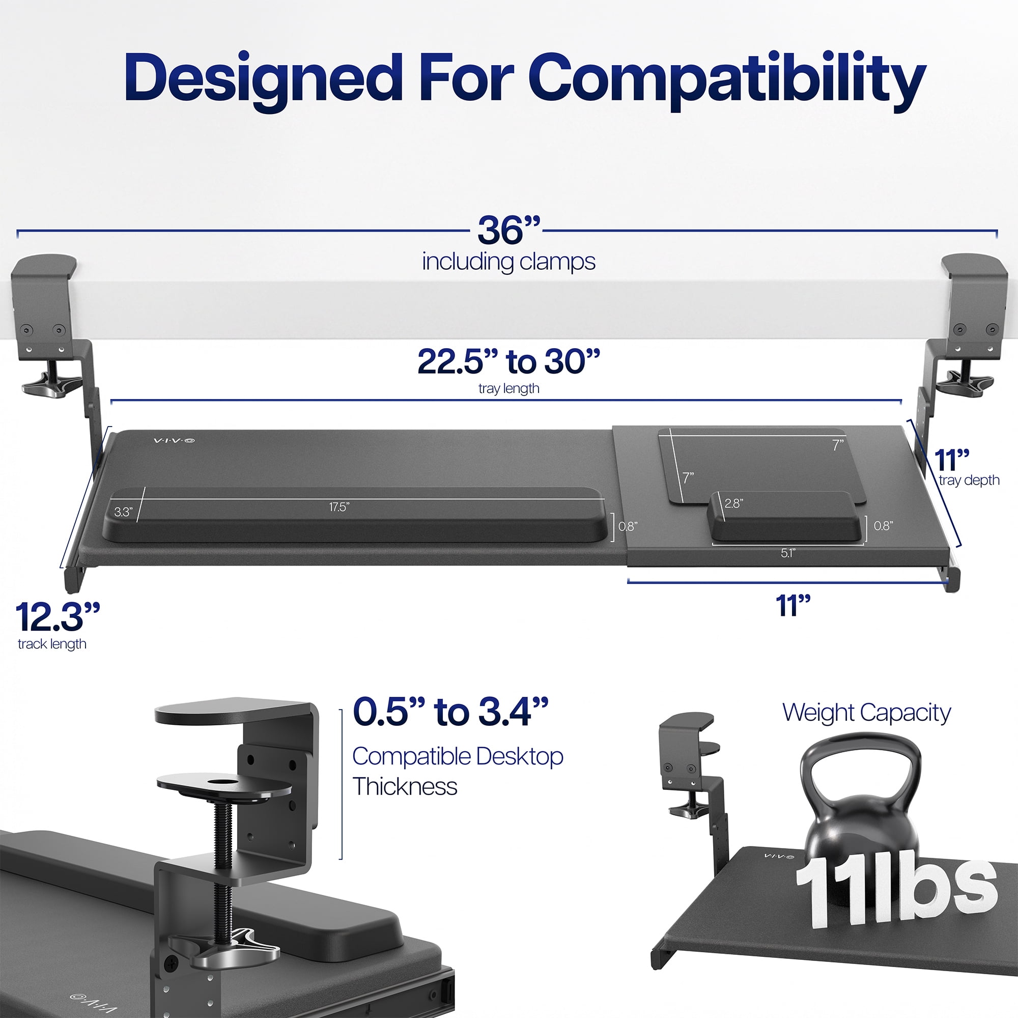 VIVO Black Clamp-on Height & Width Adjustable Keyboard Tray