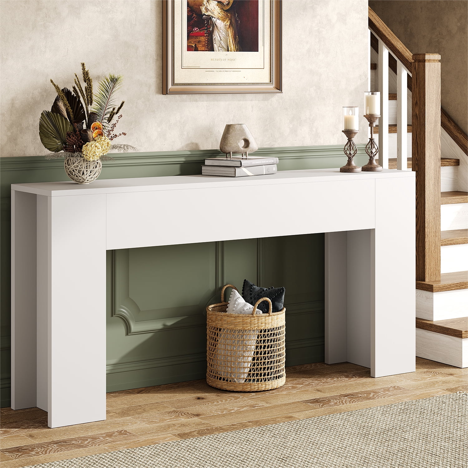 63-Inch Long Console Table with RGB LED Lights, Extra Wide and Thick Sofa Table Behind Couch, Farmhouse Entryway Table for Entrance, Hallway, Living Room, White