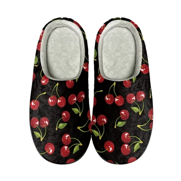 Xoenoiee Fuzzy Cosy Slippers for Winter Bedroom Shoes Warm Slippers with Non-Skid Sole for Women Men Indoor Outdoor Slip-On House Slippers, Cherry Black Print, 10-11 W/9-10 M