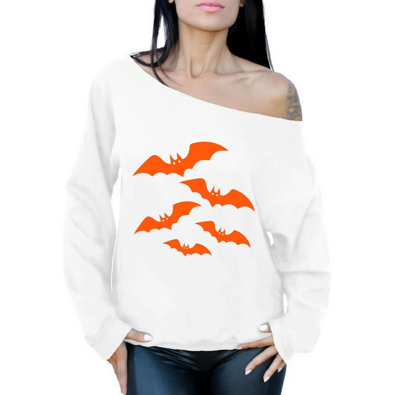 Awkward Styles Orange Bats Off Shoulder Sweatshirt Halloween Bats Oversized Sweater for Women Casual Loose Halloween Sweater Bats Women s Sweater Trendy Cartoon Bats Off The Shoulder Sweatshirt Walmar...