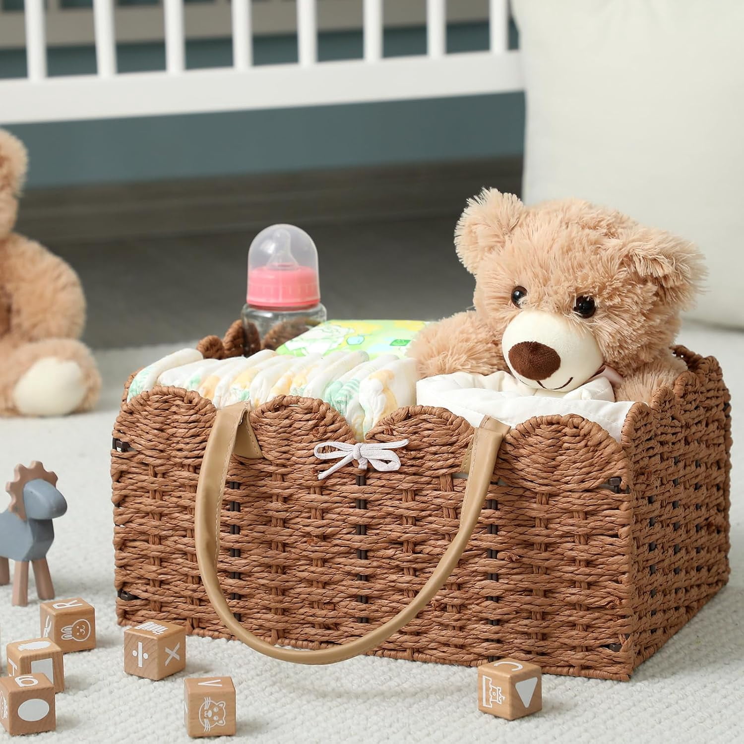 Baby Diaper Caddy Organizer- Woven Paper Rope Storage Baskets Diapers Nursery Bin with Removable Divider for Baby Shower, Newborn Gifts Must Haves